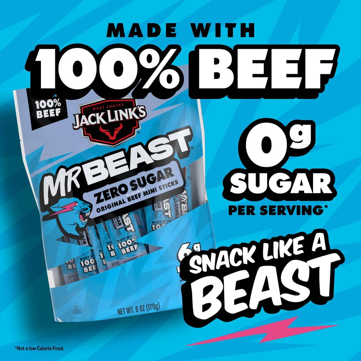 Zero sugar original beef mini sticks pack; 0 g sugar per serving, 100% beef