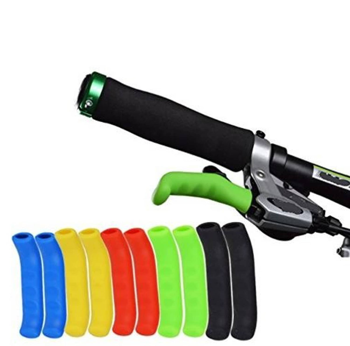 Silicone brake lever sleeve set, anti-slip grip; includes assorted blue, green, black sleeves.