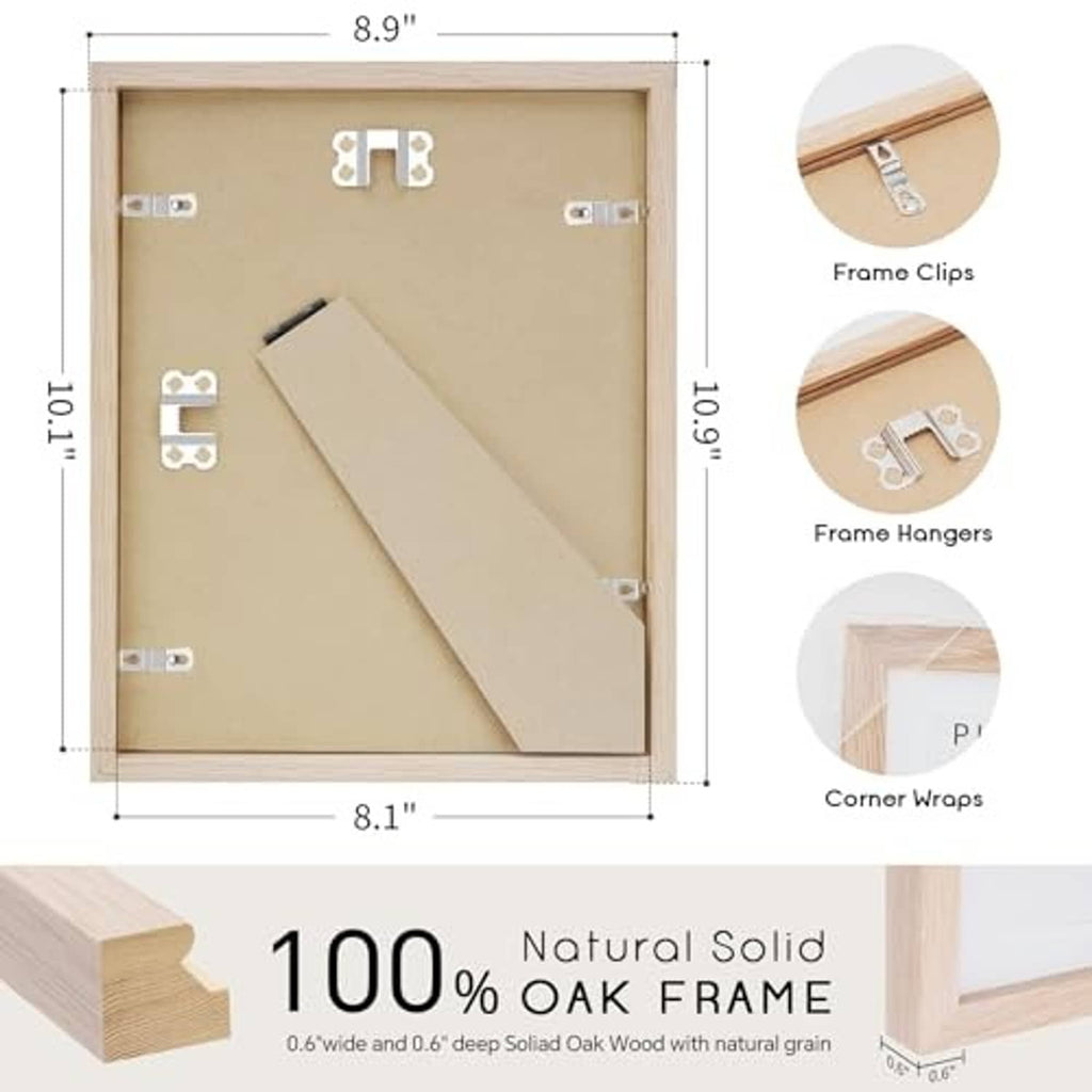 Natural oak picture frame with back clips and hangers; shown with 8x10 dimensions
