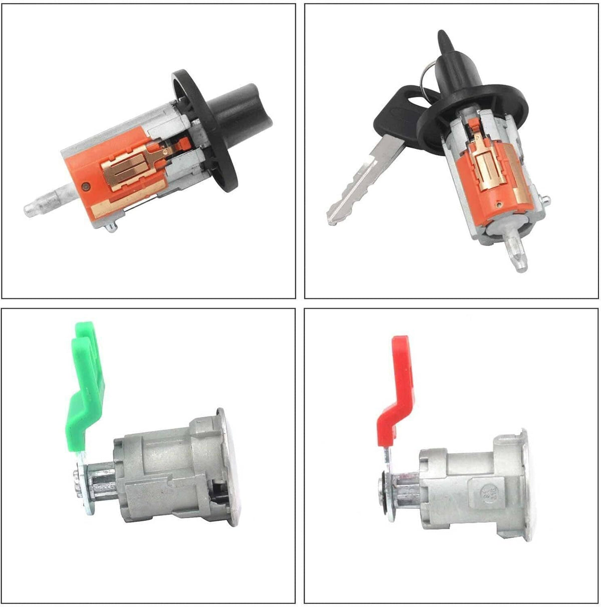 Close-up views of ignition and door lock cylinders with colored actuator tabs