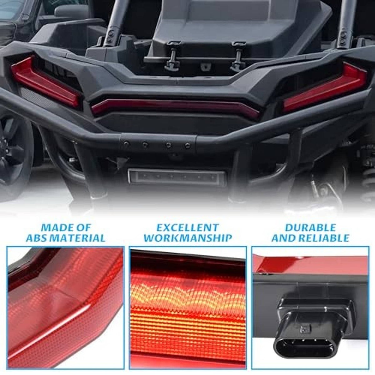 Installed UTV rear center tail light assembly with red LED strips on dark housing
