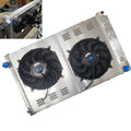 4-row radiator with dual cooling fans, aluminum housing, blue ports, black fan blades