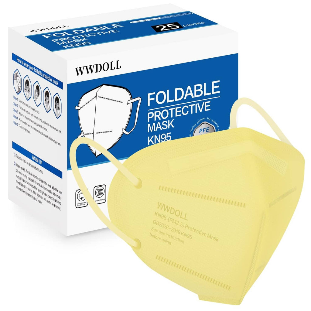 Yellow KN95 face mask with 25-pack box, 5-layer protective style