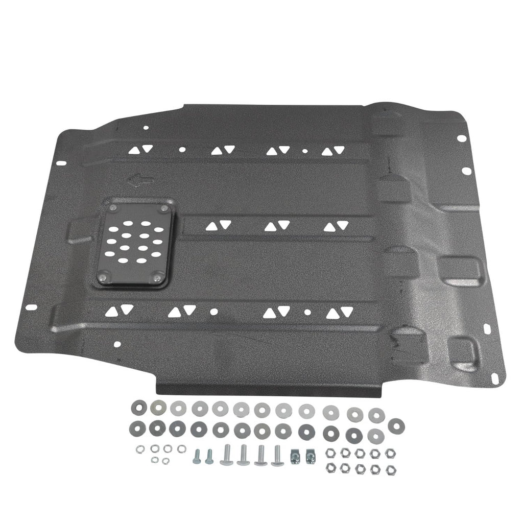 Dark gray transmission skid plate with perforated vent insert and bolt-and-washer set