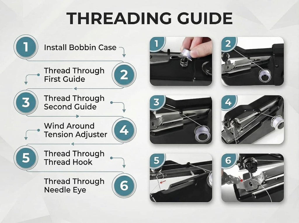 Black handheld sewing machine threading guide view, showing bobbin area and needle eye