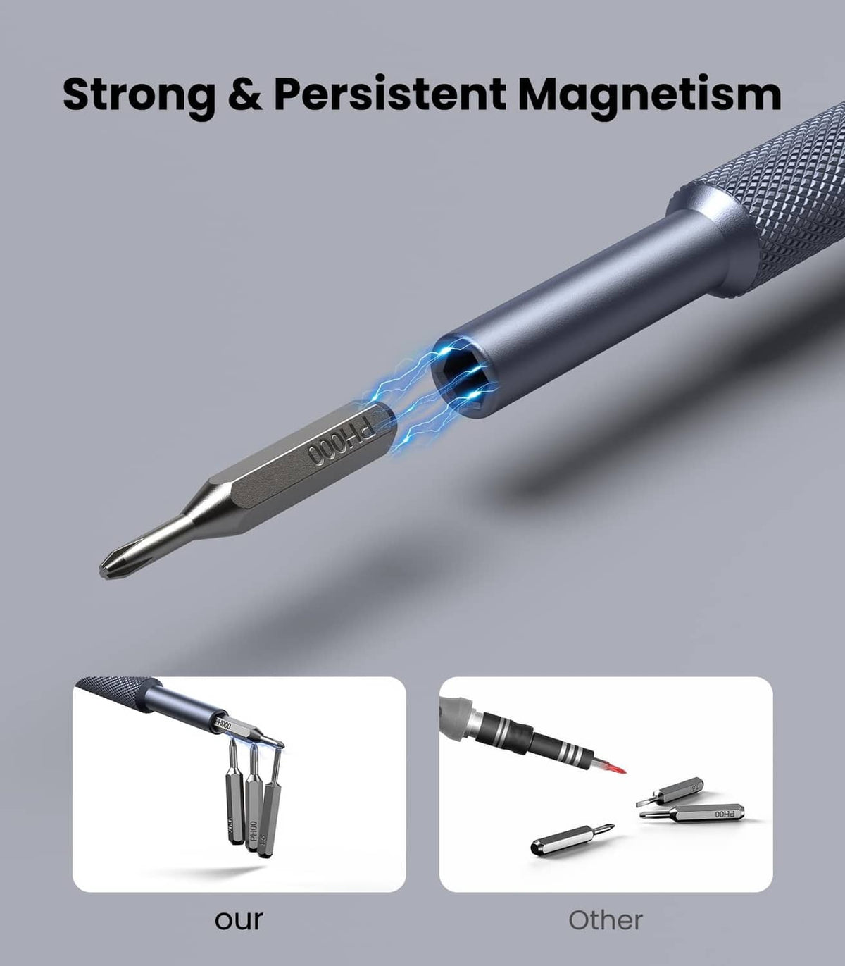 Black precision screwdriver with magnetic tip and textured handle, close-up