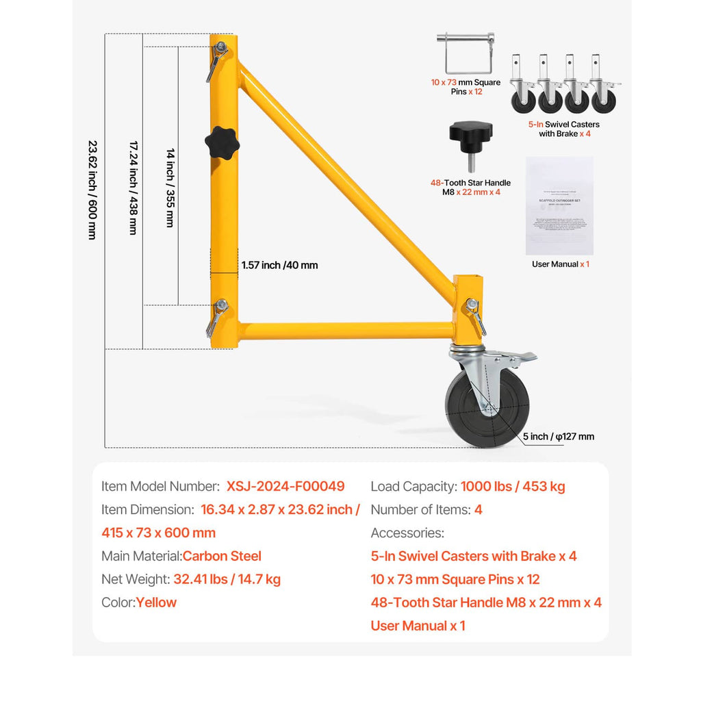 Yellow scaffolding outrigger with caster wheel and measurement diagram on white background