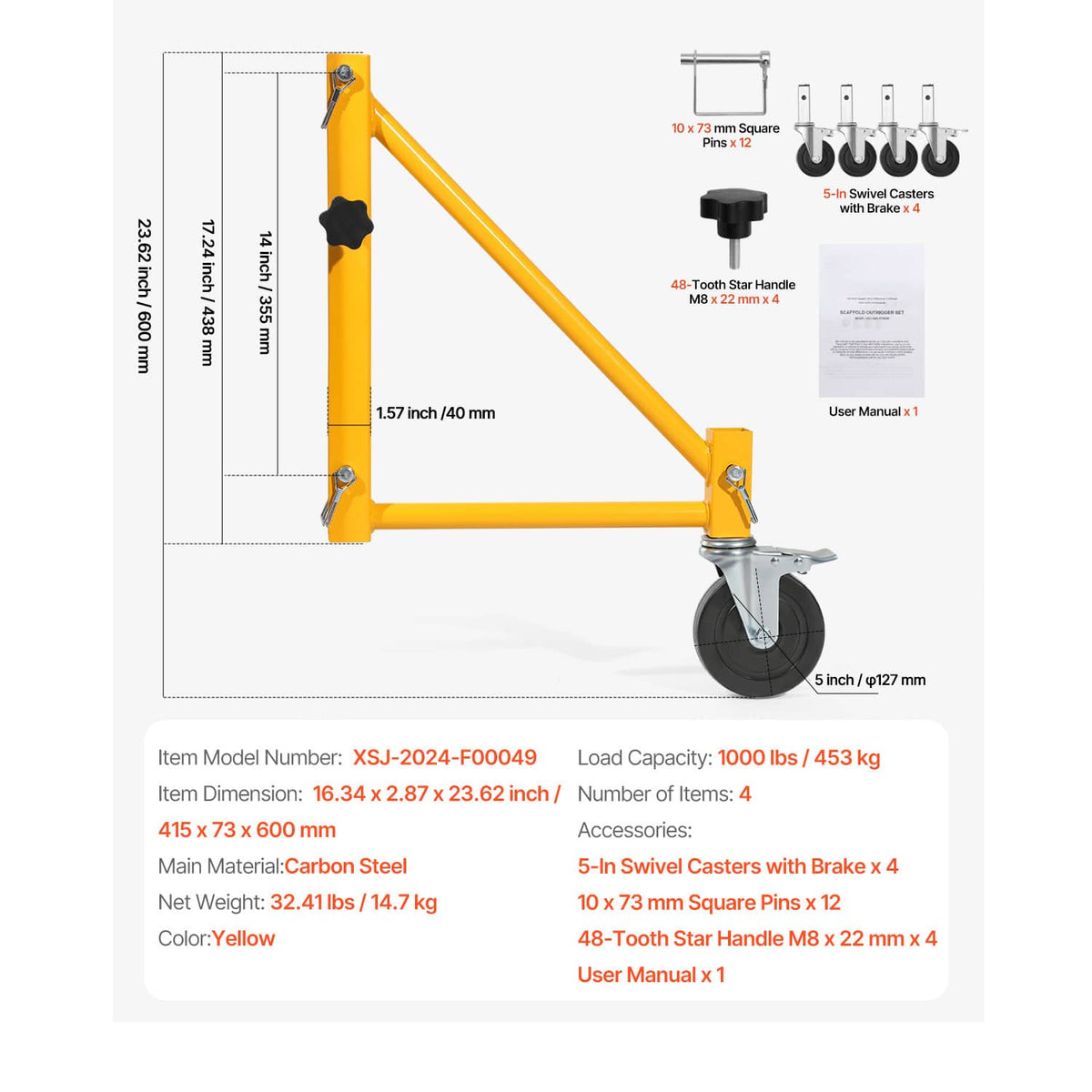 Yellow scaffolding outrigger with caster wheel and measurement diagram on white background