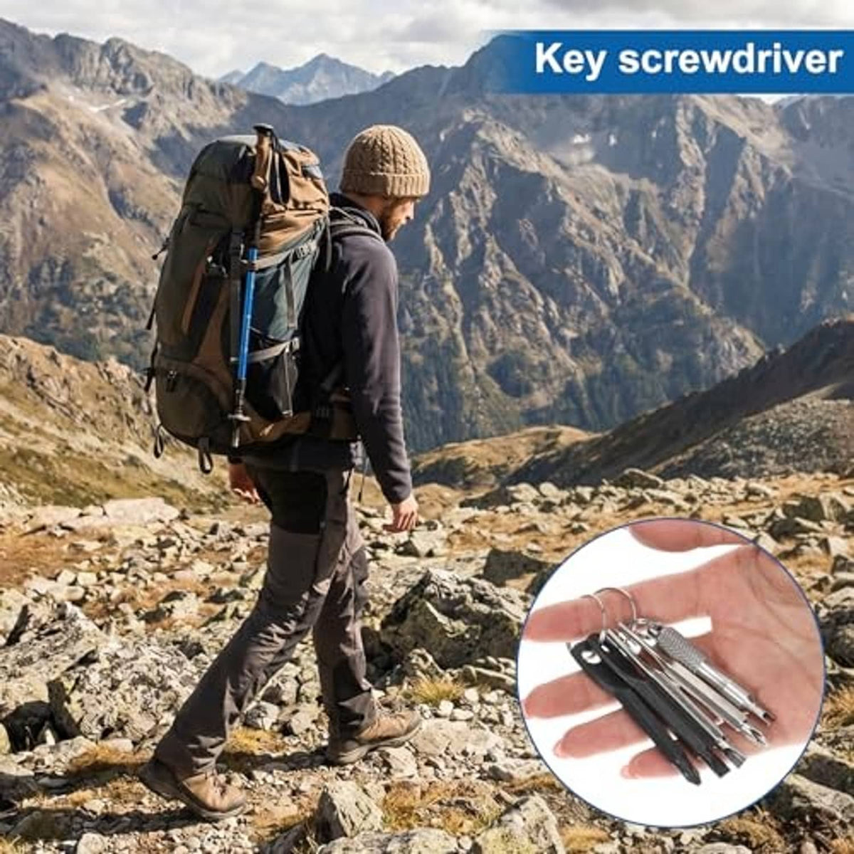 Keychain screwdriver set with multiple tips, shown as a circular detail