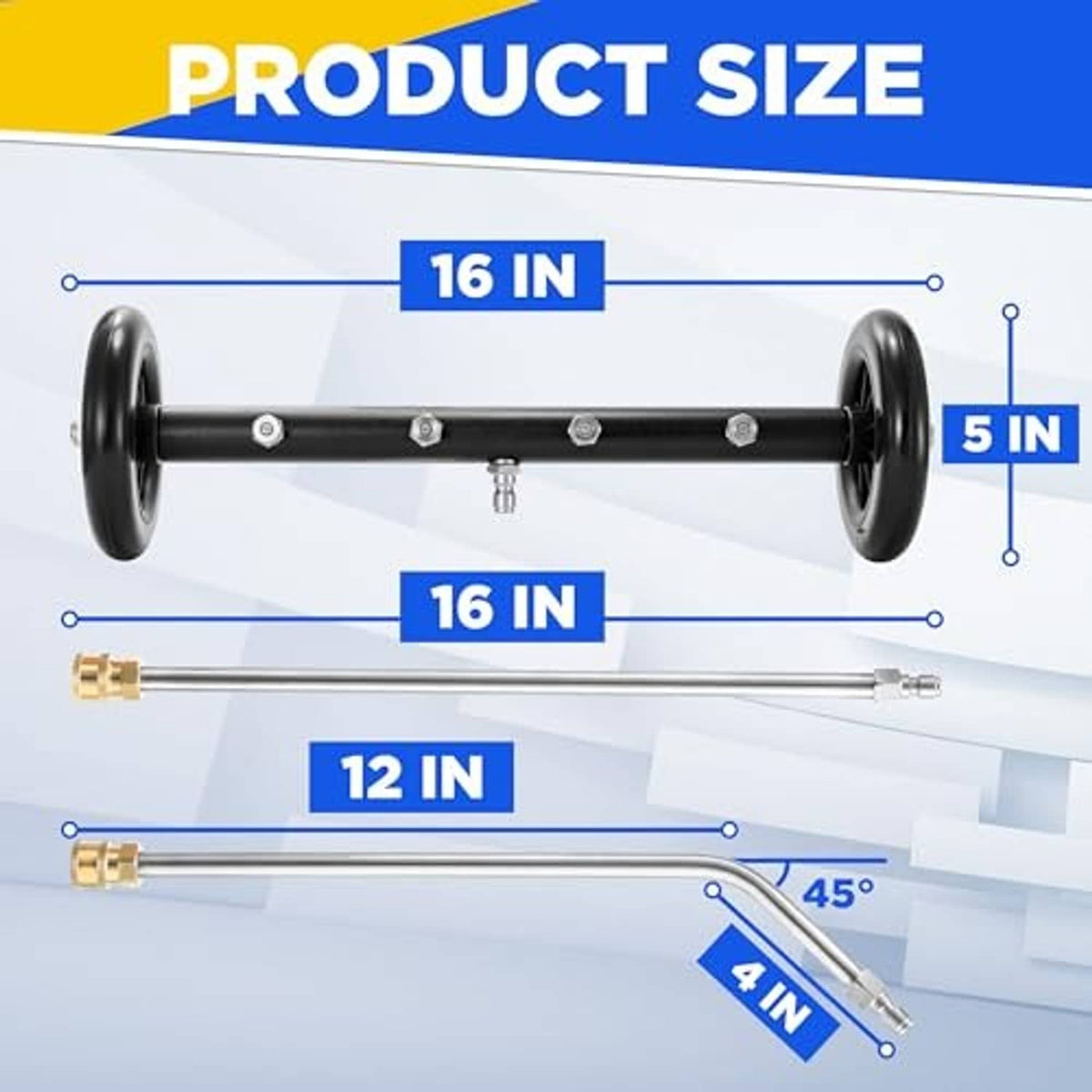 16-inch undercarriage cleaner frame with wheels and visible extension wand lengths