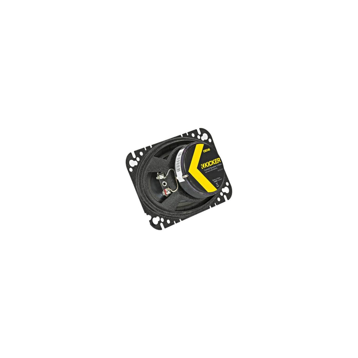 KICKER coaxial car speaker, angled view, black frame with yellow cone insert