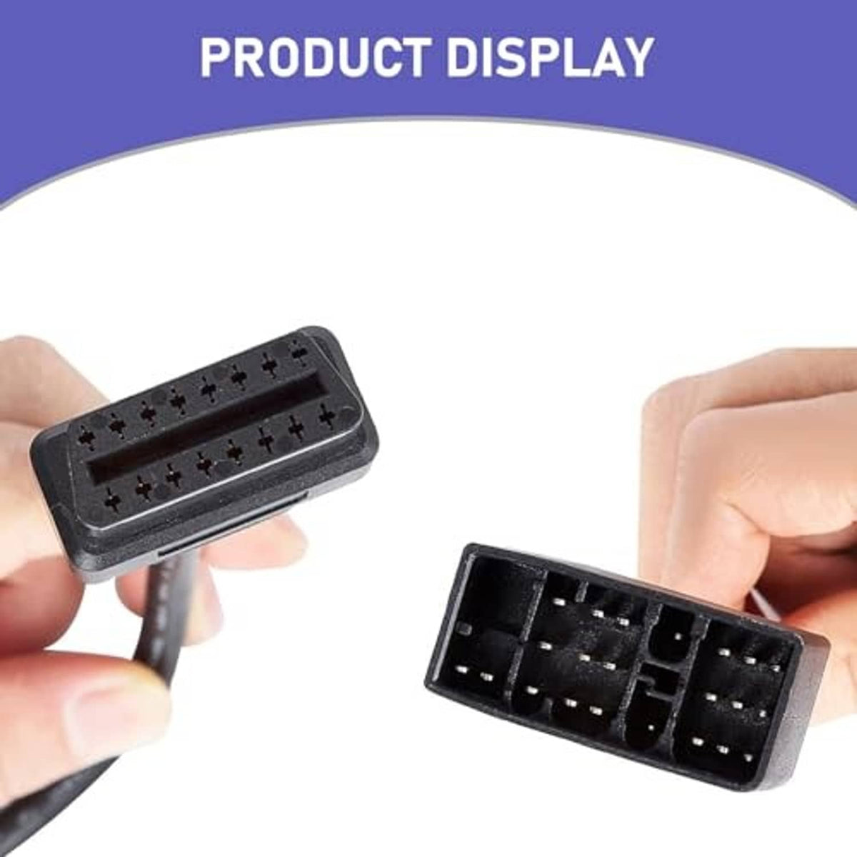 OBD diagnostic adapter cable ends held by hands, showing black 22-pin and 16-pin ports