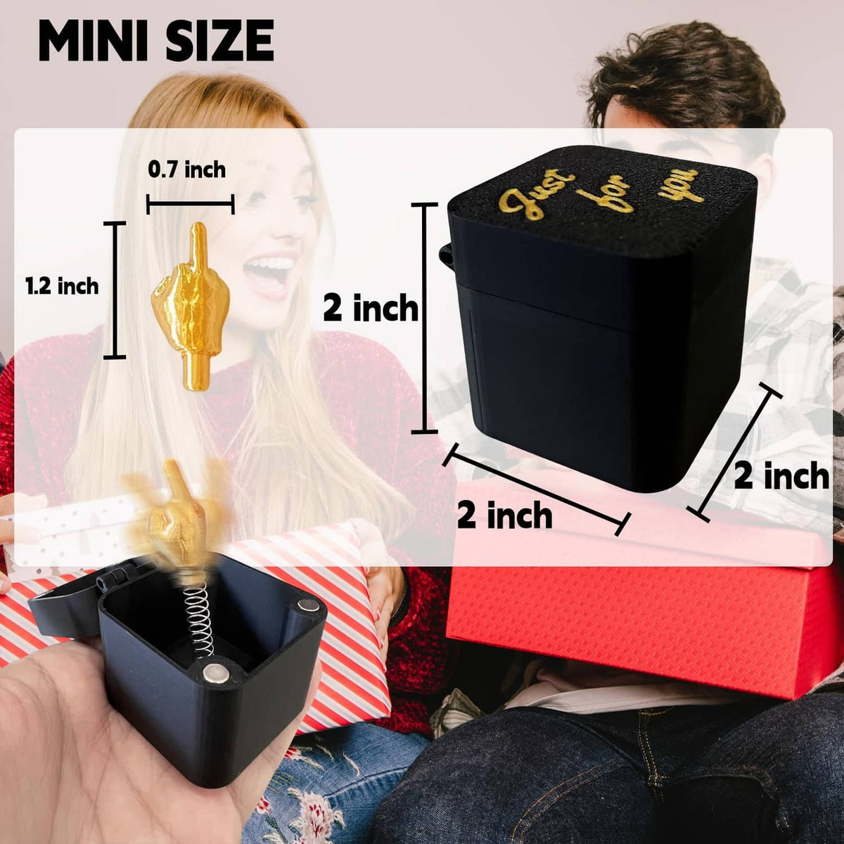 Mini black magnet gag gift box with gold middle-finger figure, compact design