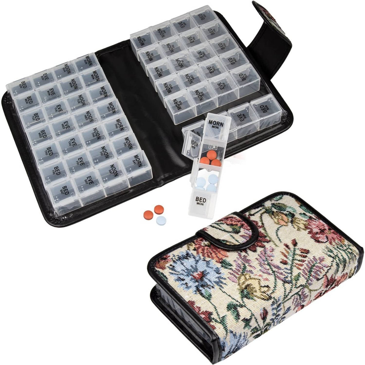 14-day pill holder box with floral cover, open lid showing numbered daily compartments