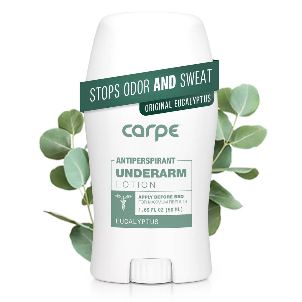 Carpe underarm antiperspirant lotion stick, white bottle with green eucalyptus label