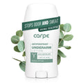 Carpe underarm antiperspirant lotion stick, white bottle with green eucalyptus label