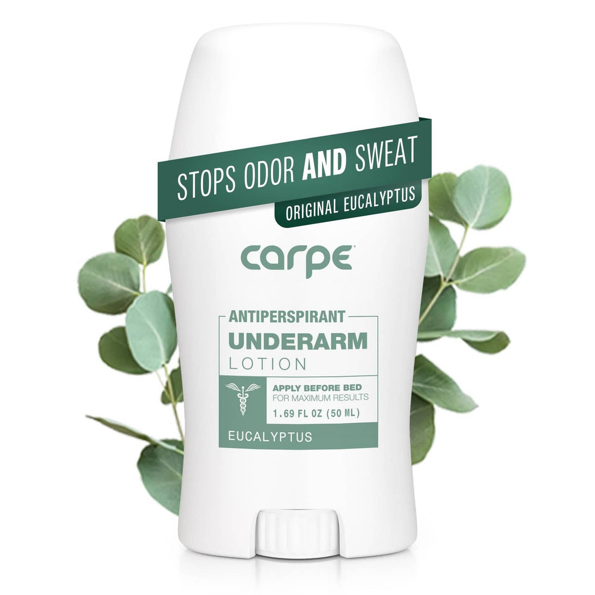 Carpe underarm antiperspirant lotion stick, white bottle with green eucalyptus label