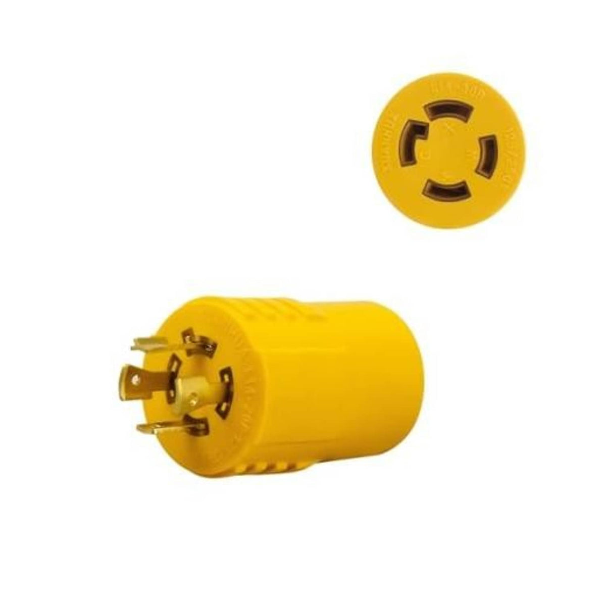 Yellow 4-prong NEMA twist-lock adapter plug, L14-20P to L14-30R connector
