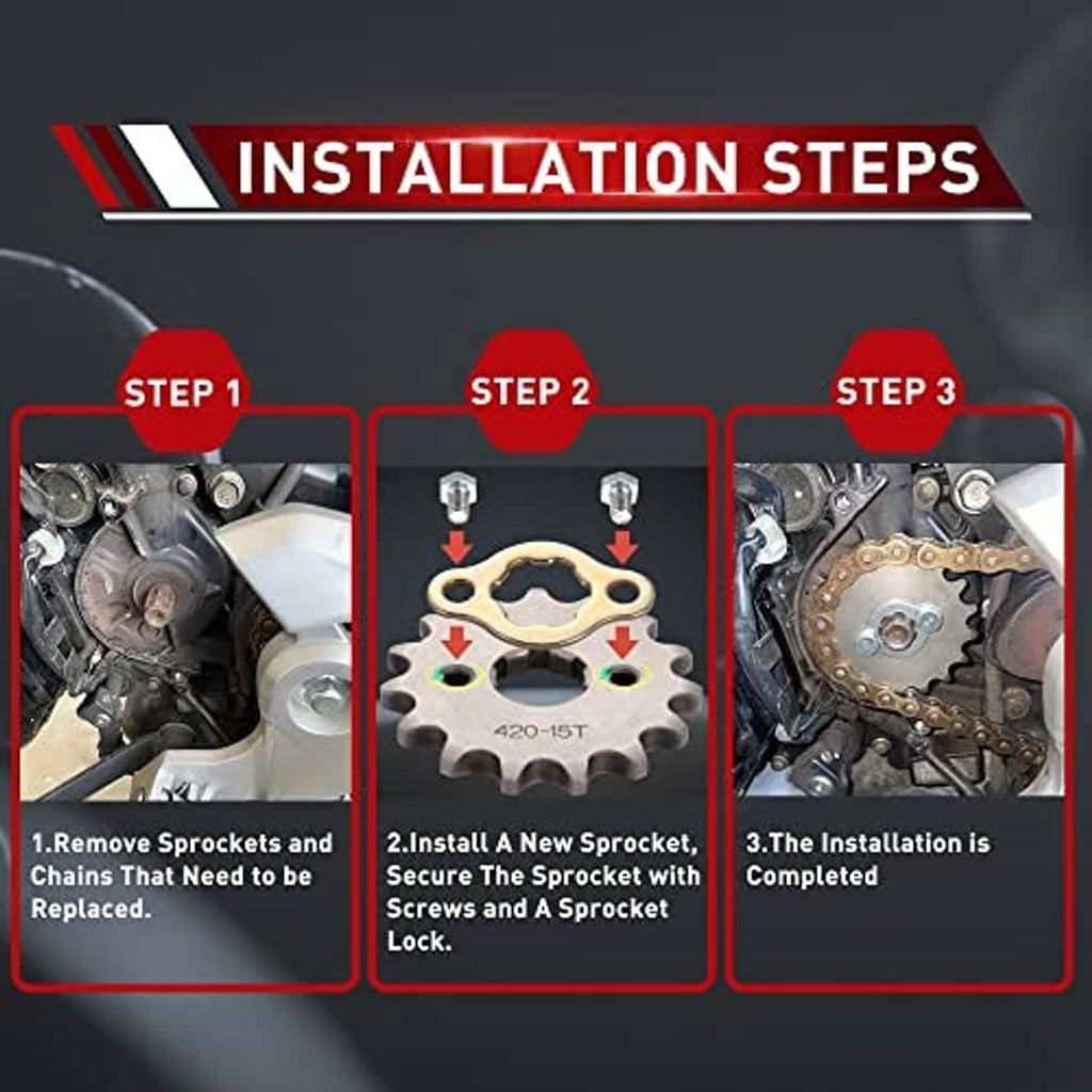 Sprocket replacement illustrated with three installation step panels on a marketing graphic