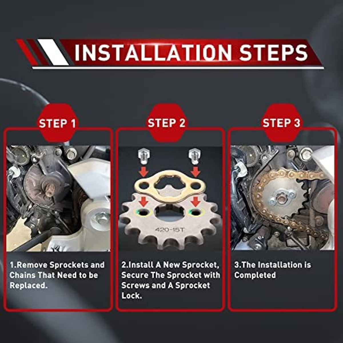 Sprocket replacement illustrated with three installation step panels on a marketing graphic