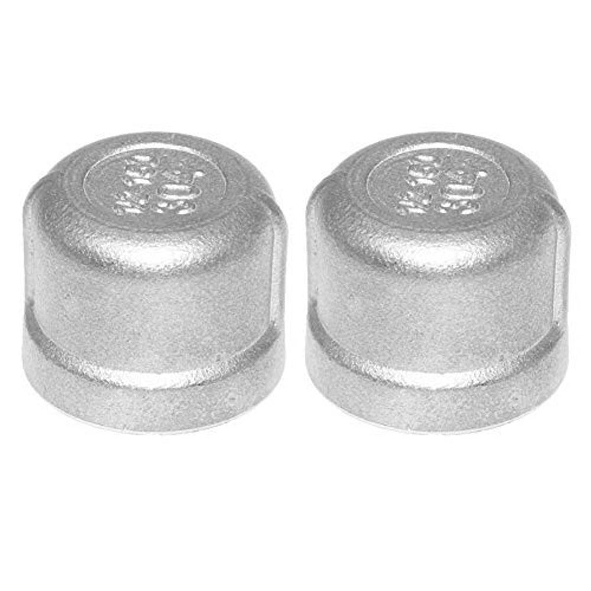 Stainless steel pipe plug caps with embossed emblem on top, pair covering NPT female threads