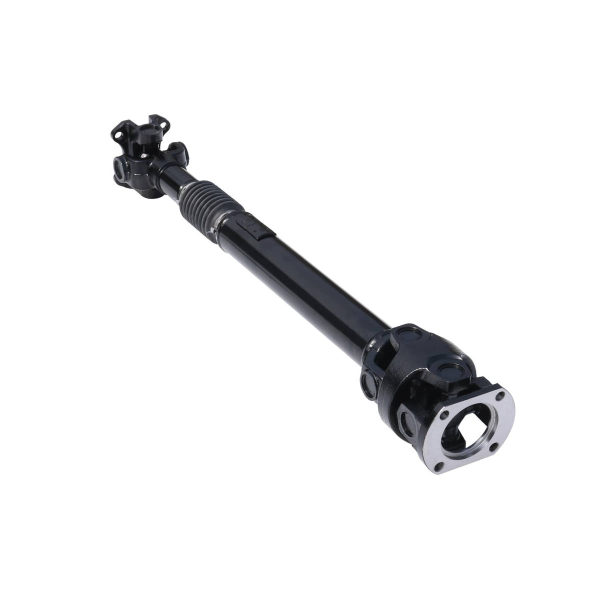 Front drive shaft assembly angled view with yoke flange end and black shaft