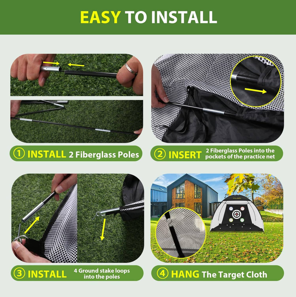 Golf practice net setup showing fiberglass poles inserted and stakes holding net