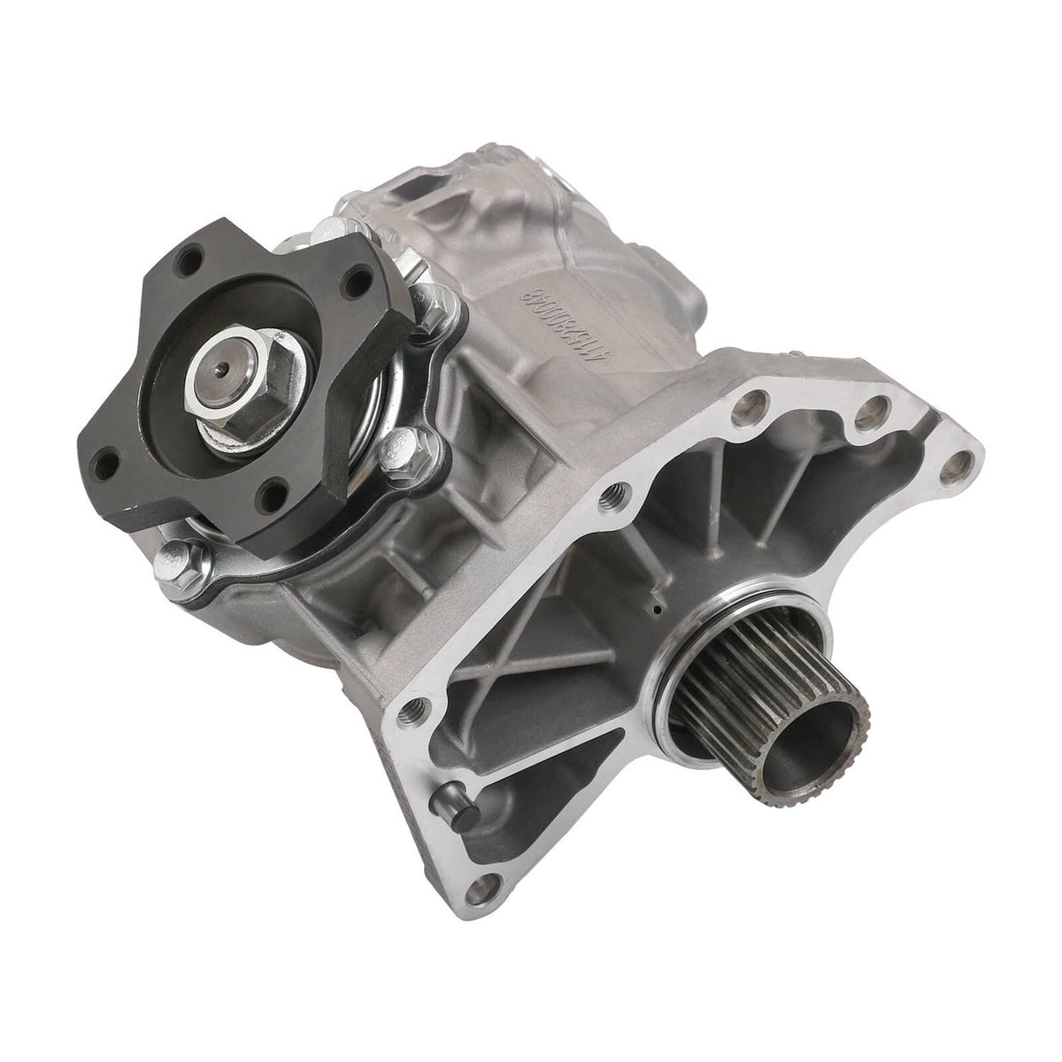 Transfer case assembly with circular cover, side outlet port, and ribbed housing