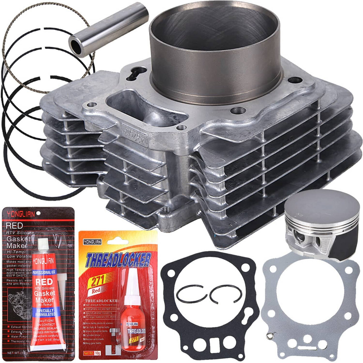 Engine cylinder and piston rebuild kit with gaskets, piston, rings, and cylinder sleeve