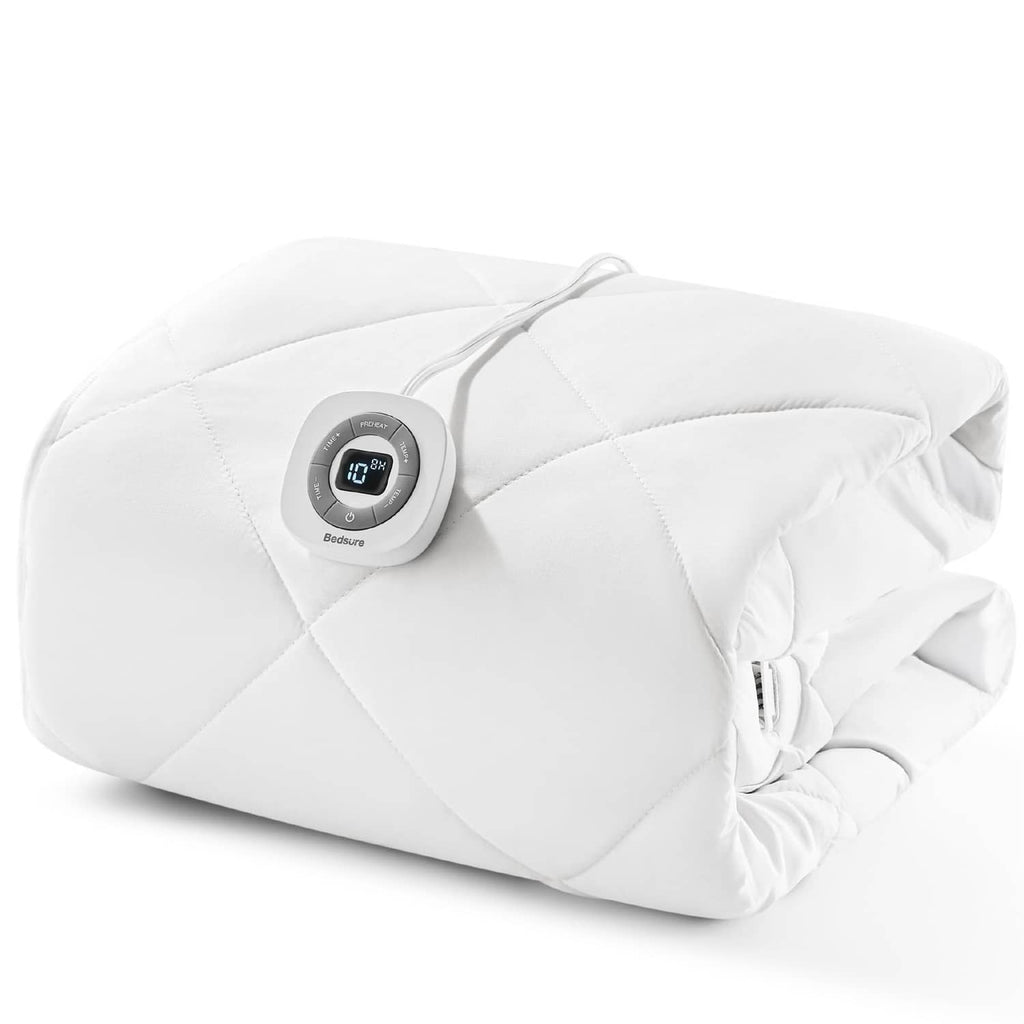 Folded white heated mattress pad with attached gray digital controller