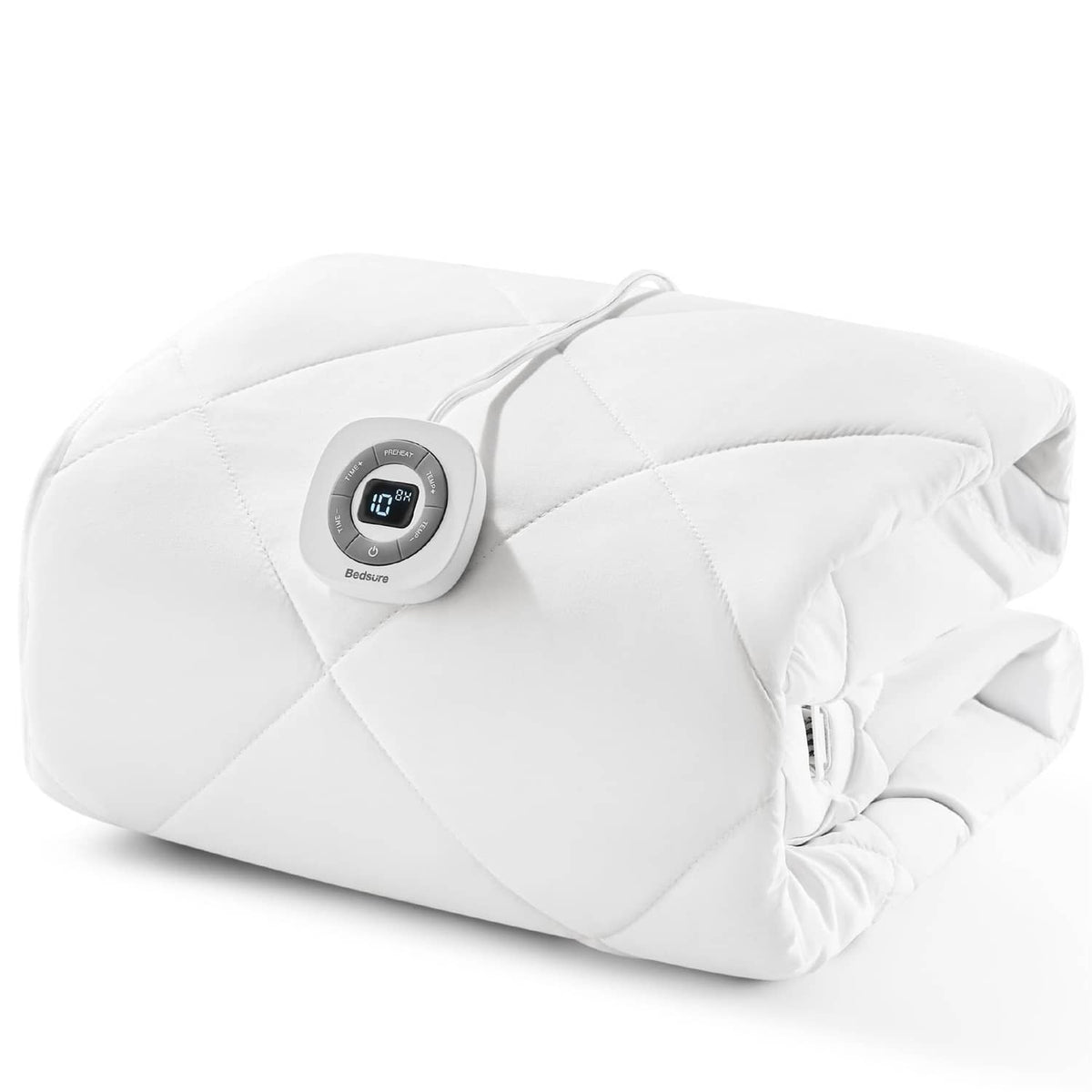 Folded white heated mattress pad with attached gray digital controller