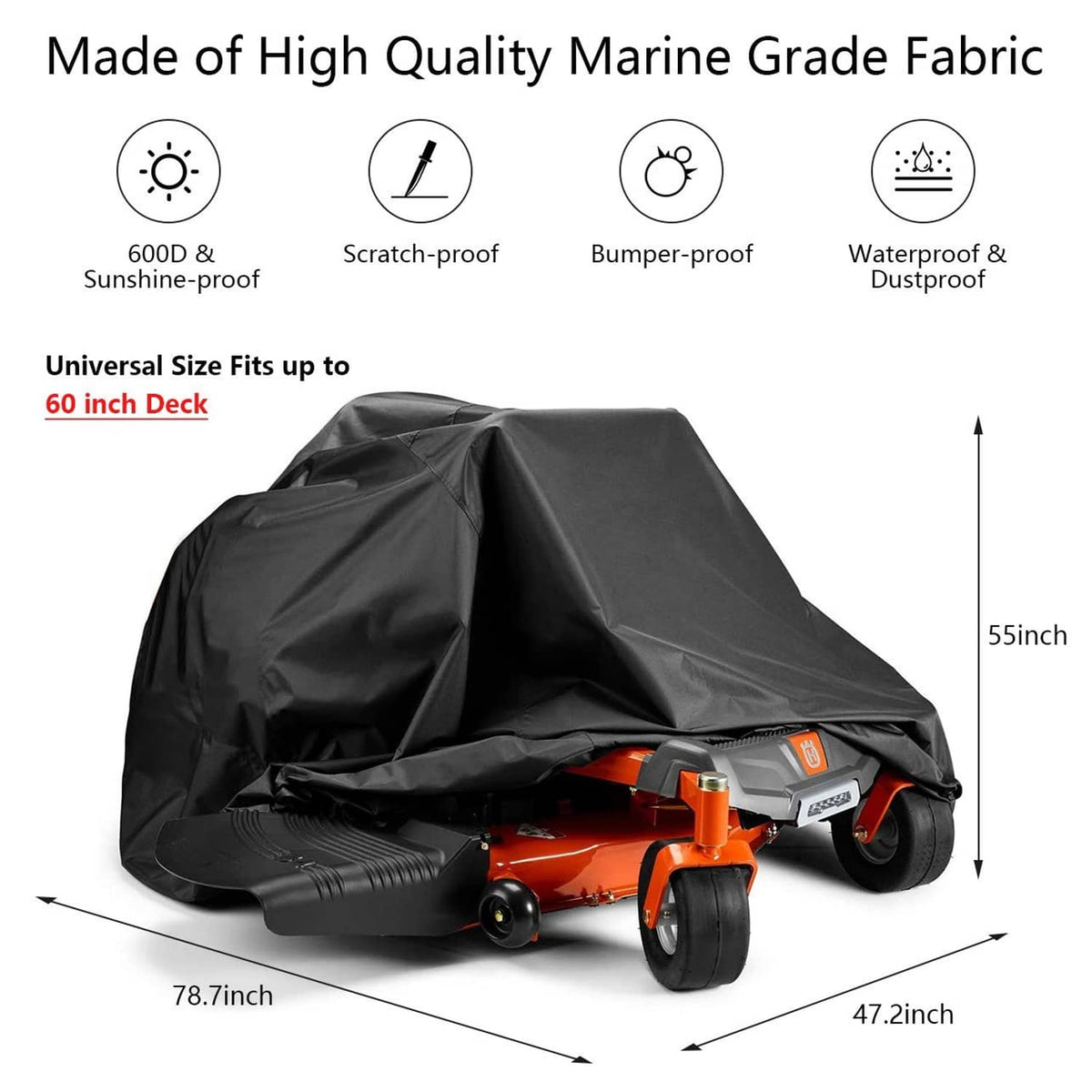 Black zero-turn mower cover with tapered hood shape for top and side coverage