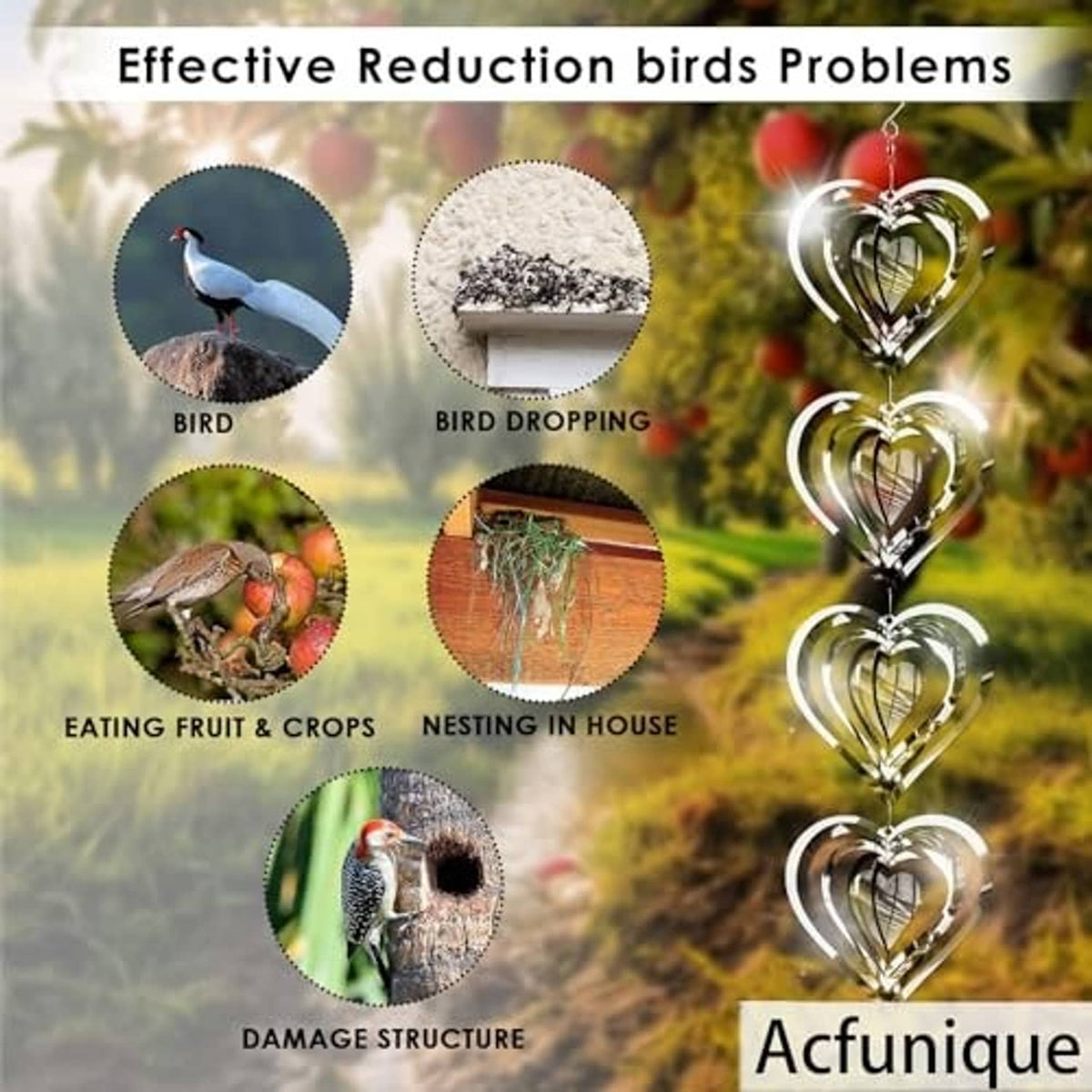 Hanging heart-shaped reflective wind spinners, designed to help deter birds from areas.