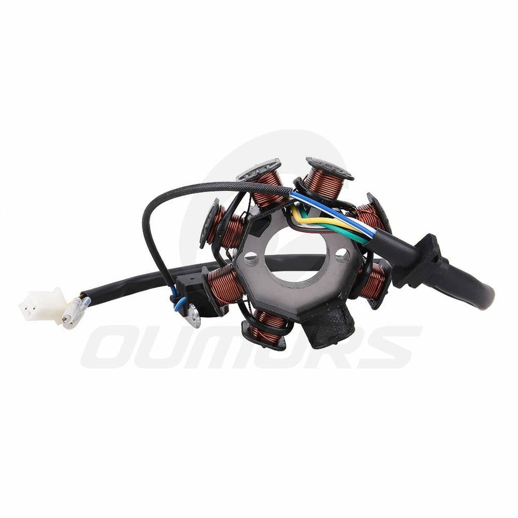 8-pole magneto stator with copper coils, multi-color wires, and black cable connectors