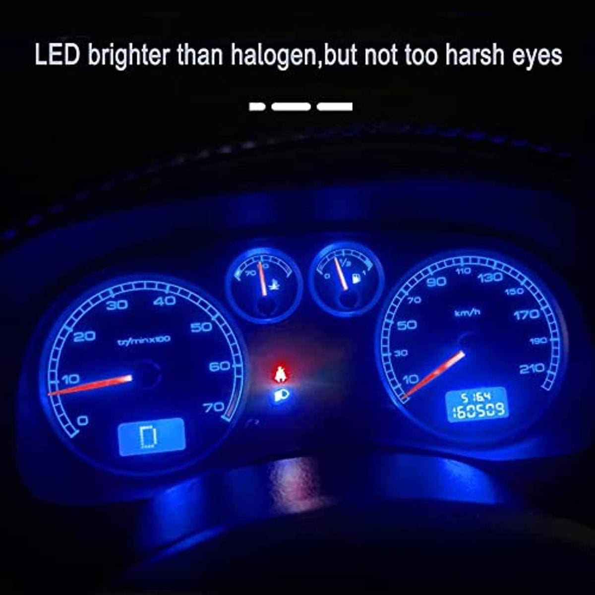 Blue LED-lit car instrument cluster with multiple gauges and indicator lights