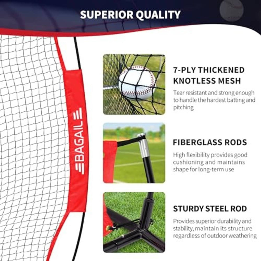 Red and white practice net showing knotless mesh and support rod details
