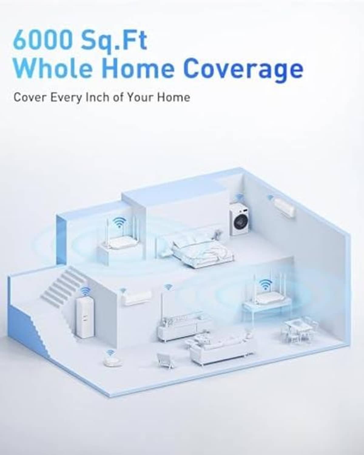 White WiFi router shown on a whole-home coverage layout with four antennas.