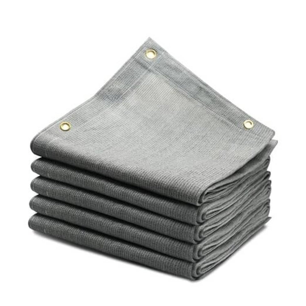 Gray sun shade cloth, folded stack with brass grommets for pergola cover