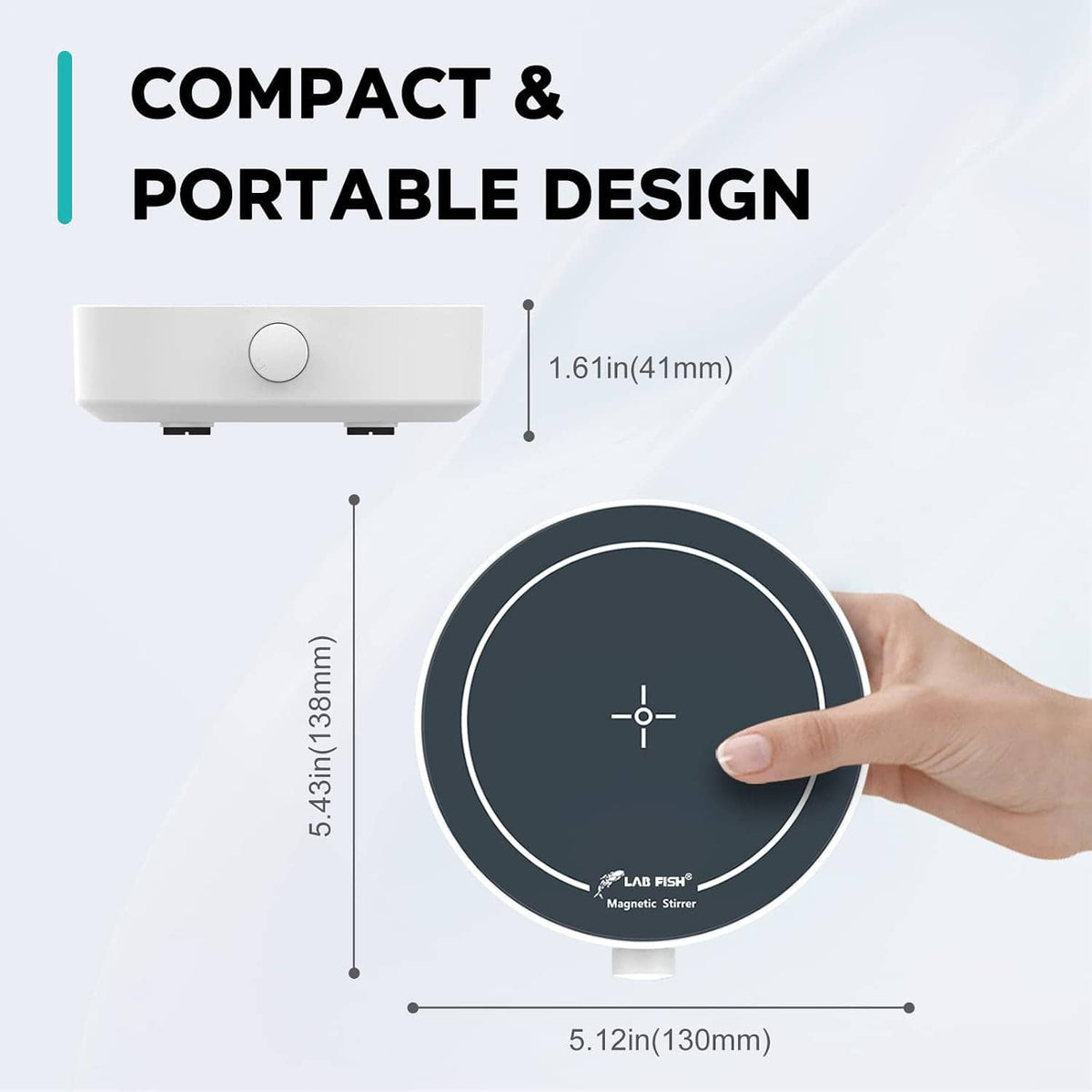 Compact portable magnetic stirrer with dark top and side knob; hand pointing to control
