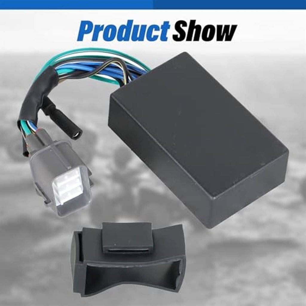 Black CDI box with wiring harness and gray plug connector, parts display