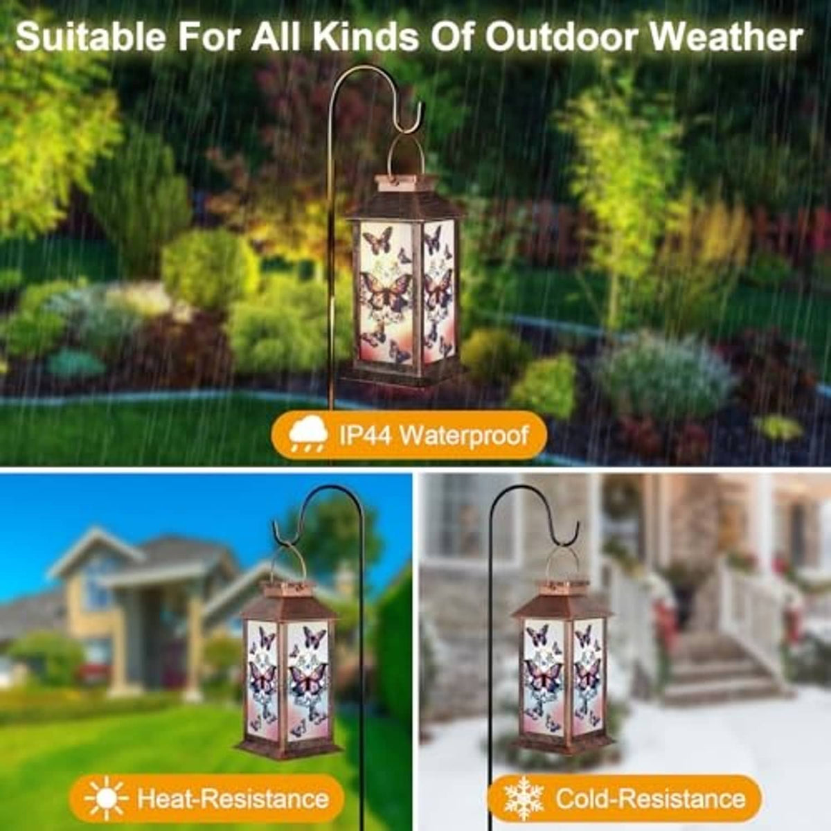 Copper solar lantern for outdoor use with butterfly artwork on window sides