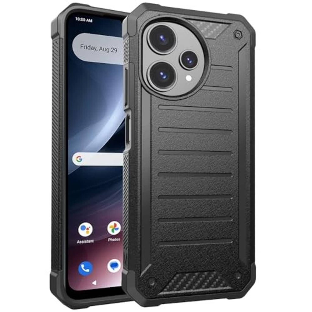 Black rugged phone case with screen protector shown and camera module cutout.