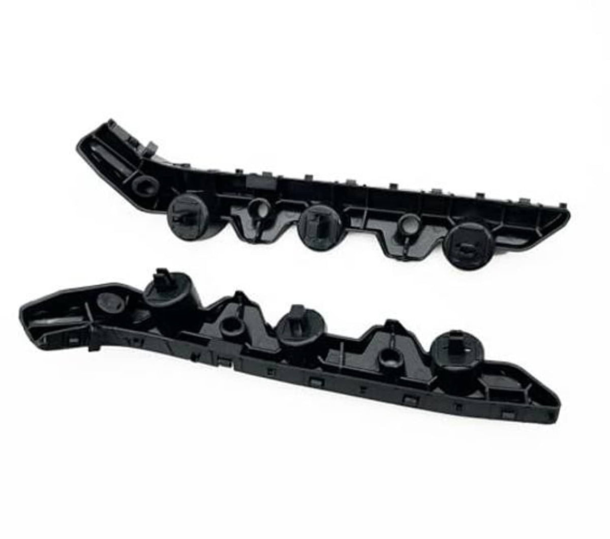 Front bumper support bracket retainers pair, black brackets shown from angled side