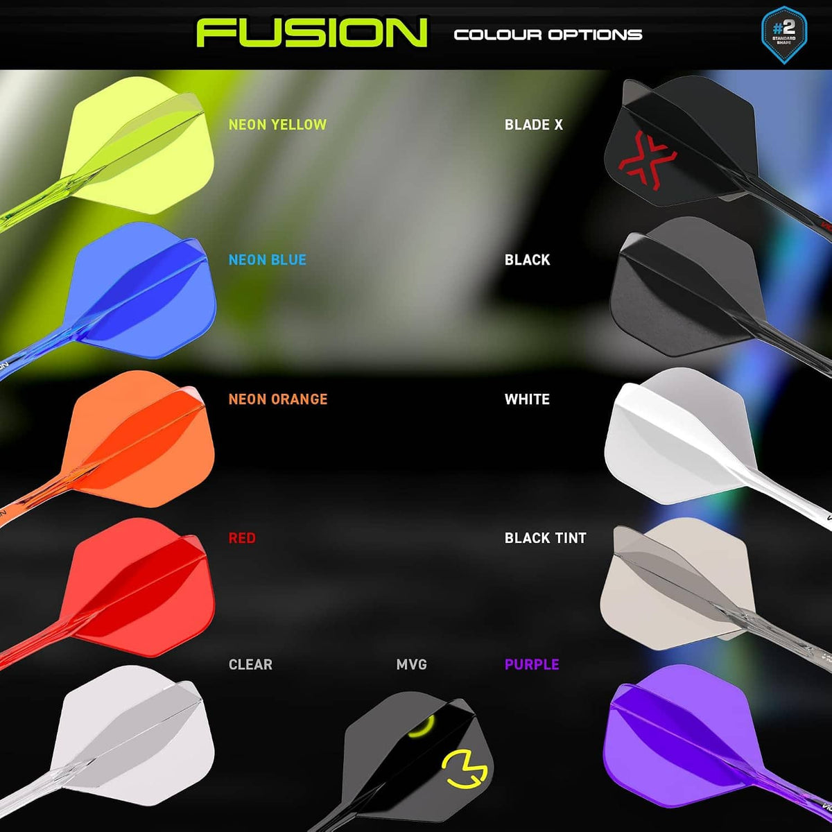 Dart flight color options chart with neon yellow, neon blue, black, white, and purple