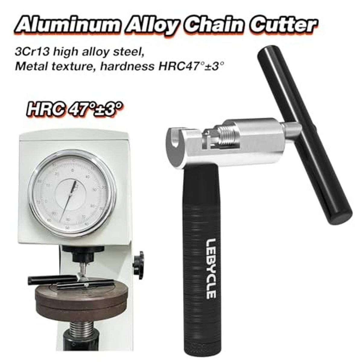 Bike chain cutter tool with black handle and silver metal body for chain pin pressing