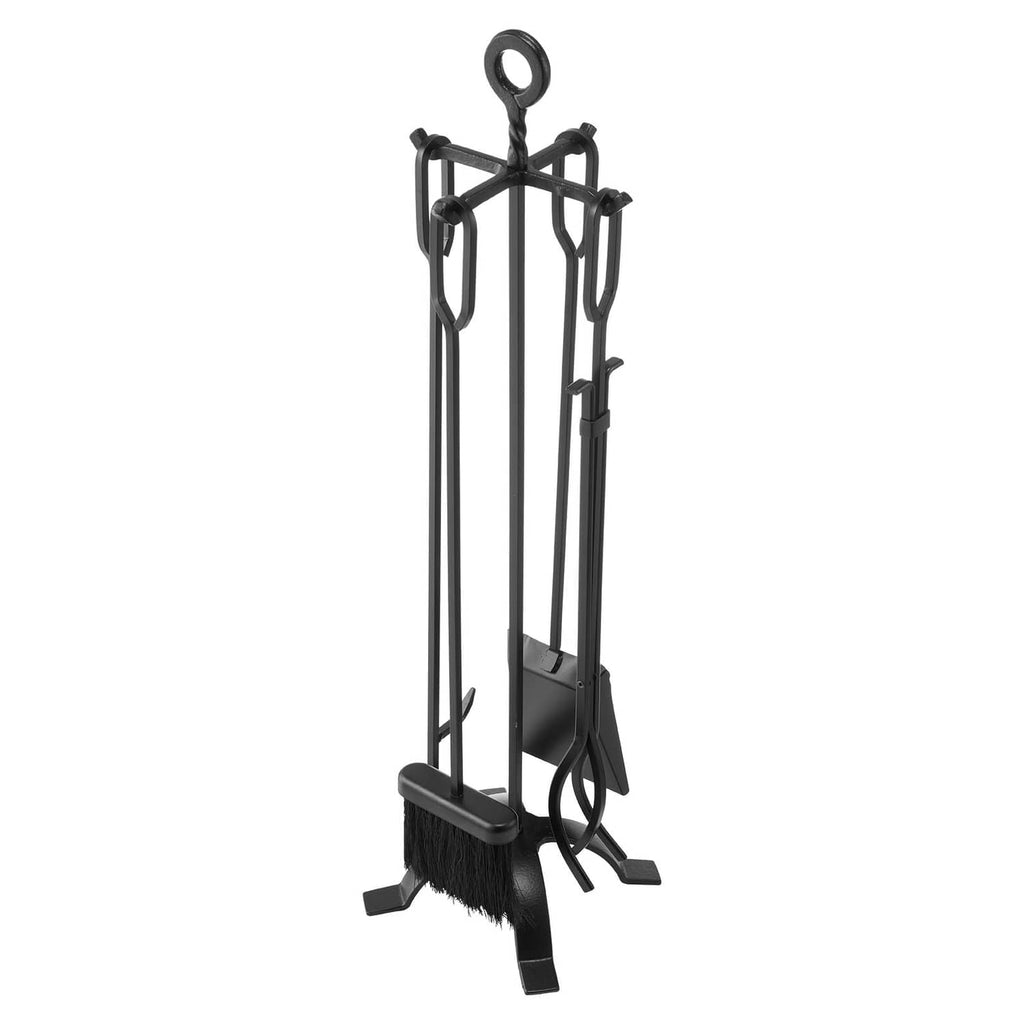 Black fireplace tool set on stand with 5 tools: tongs, shovel, brush, poker
