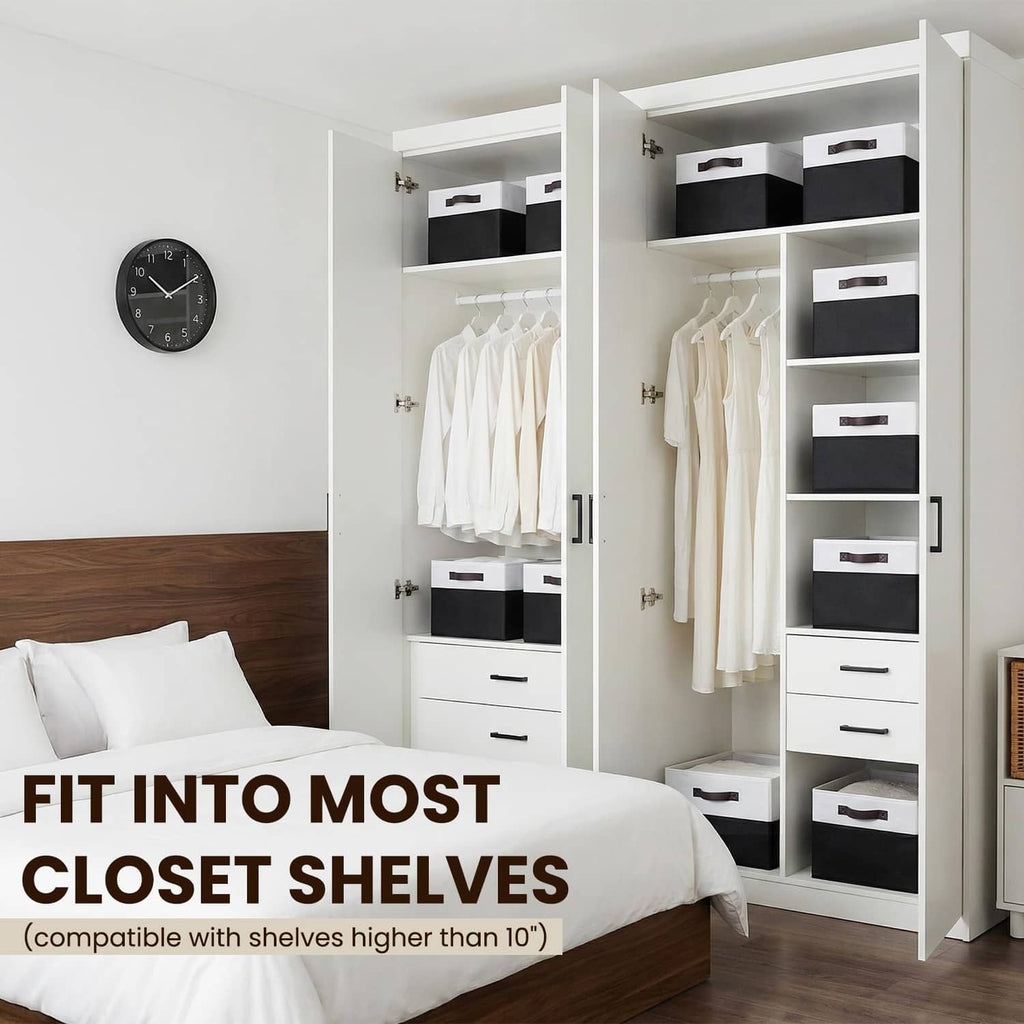 Closet shelf organizer with multiple rectangular bins, white tops and black storage bases