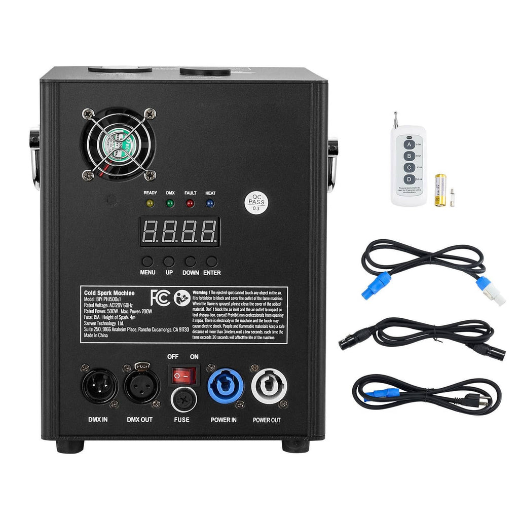 Front view cold spark machine with LED display, plus remote and power cables