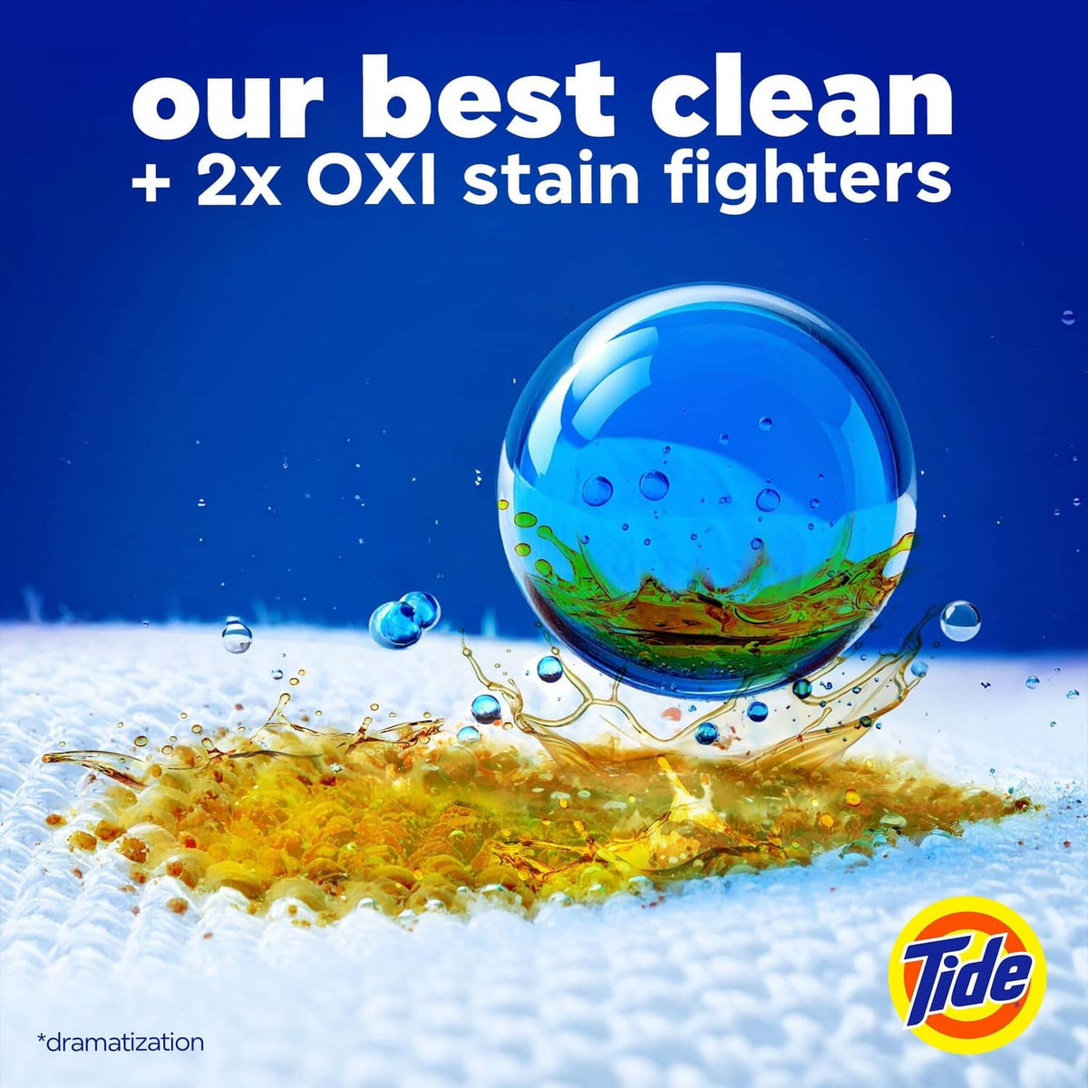 Oxi Boost detergent pac splash graphic with blue water droplet and bubbles