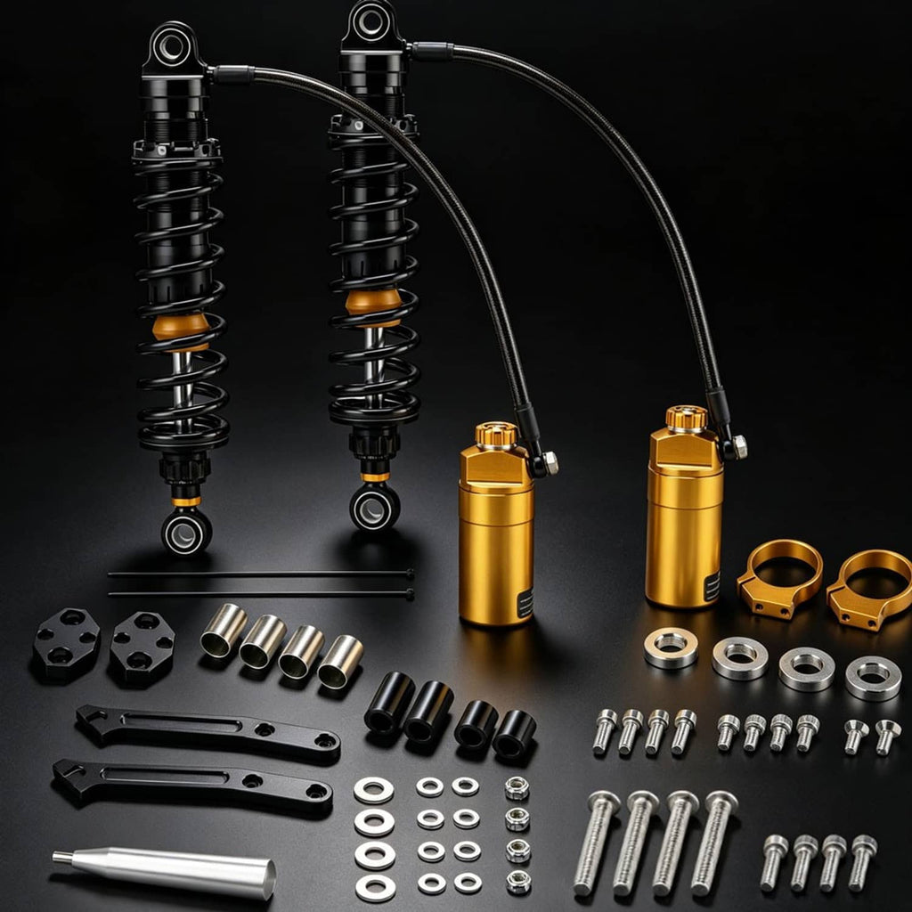 Rear shocks set with black coil shocks, gold remote reservoirs, hoses, and installation parts
